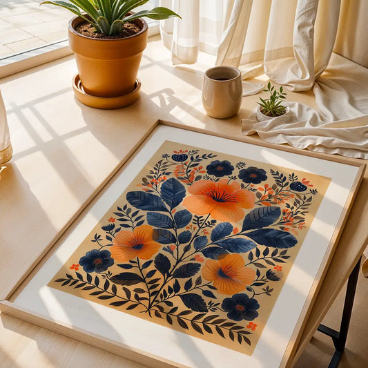 Nordic Folk Art Flowers Poster in Blue and Orange
