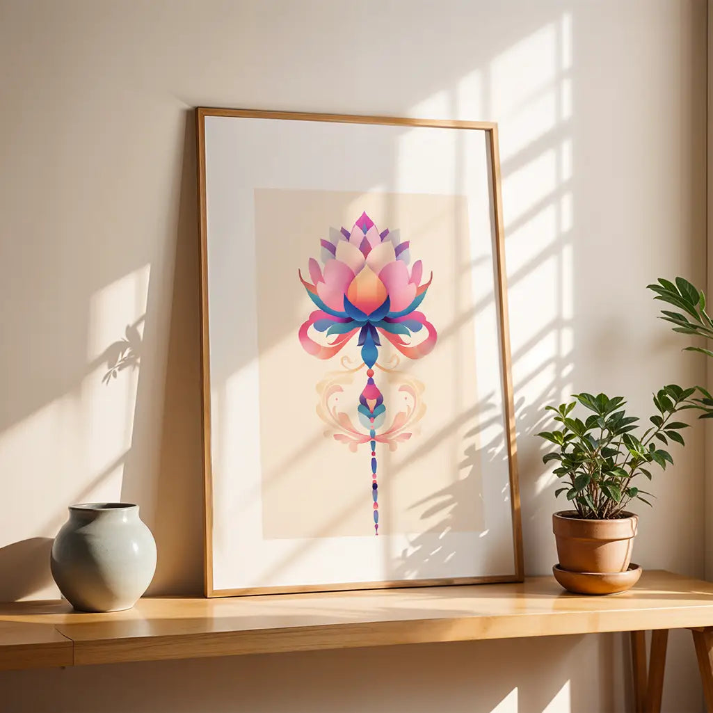 Symmetrical lotus flower in pink, purple and blue with Unalome details symbolizing spiritual growth