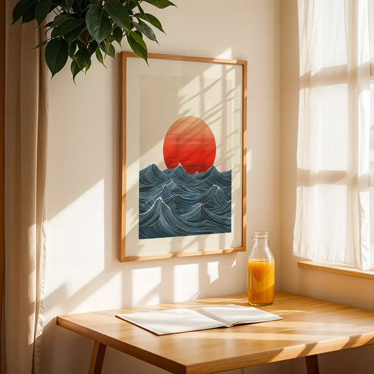 Japandi Poster: Rising sun with the Ocean