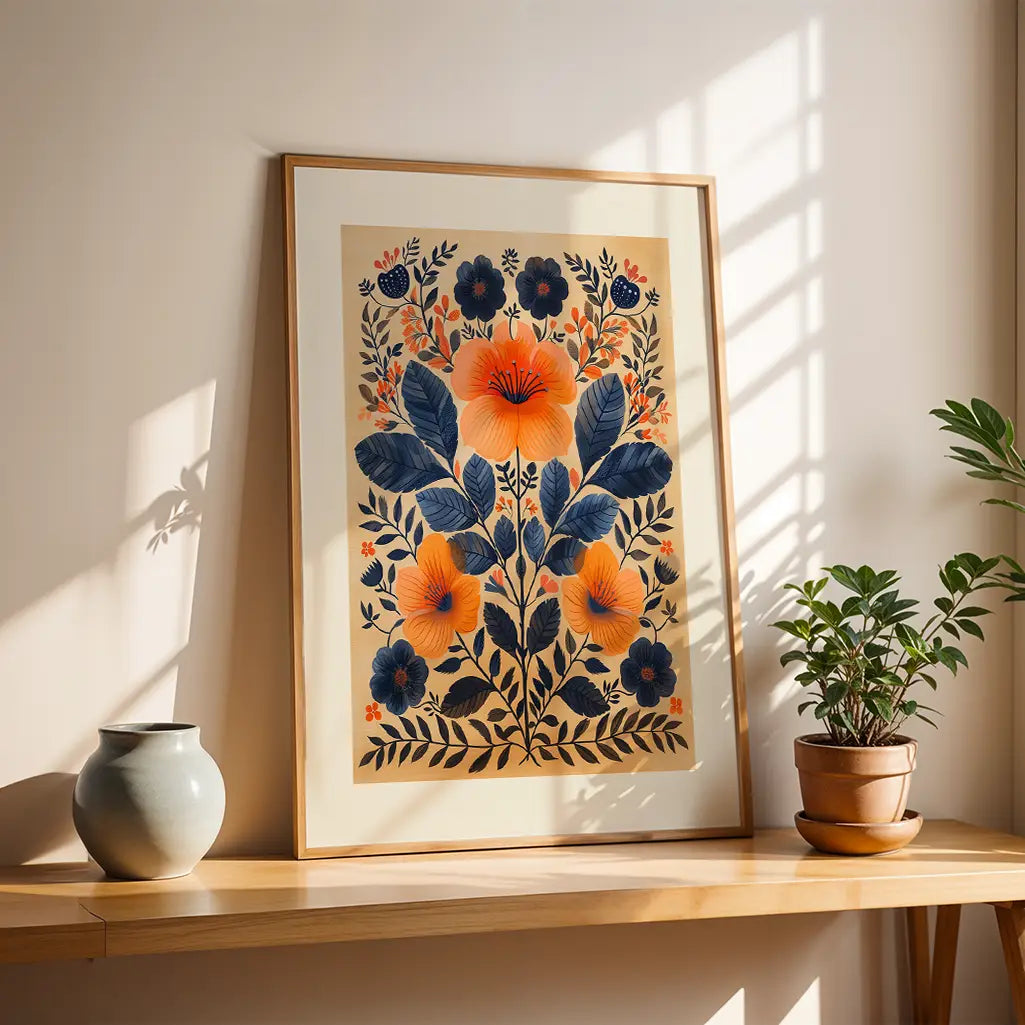 Nordic Folk Art Flowers Poster in Blue and Orange