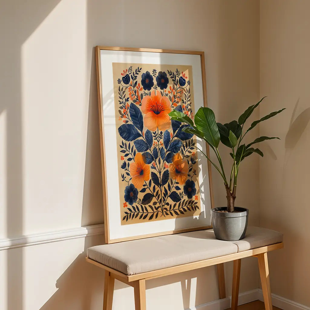 Nordic Folk Art Flowers Poster in Blue and Orange