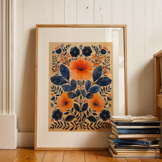 Nordic Folk Art Flowers Poster in Blue and Orange