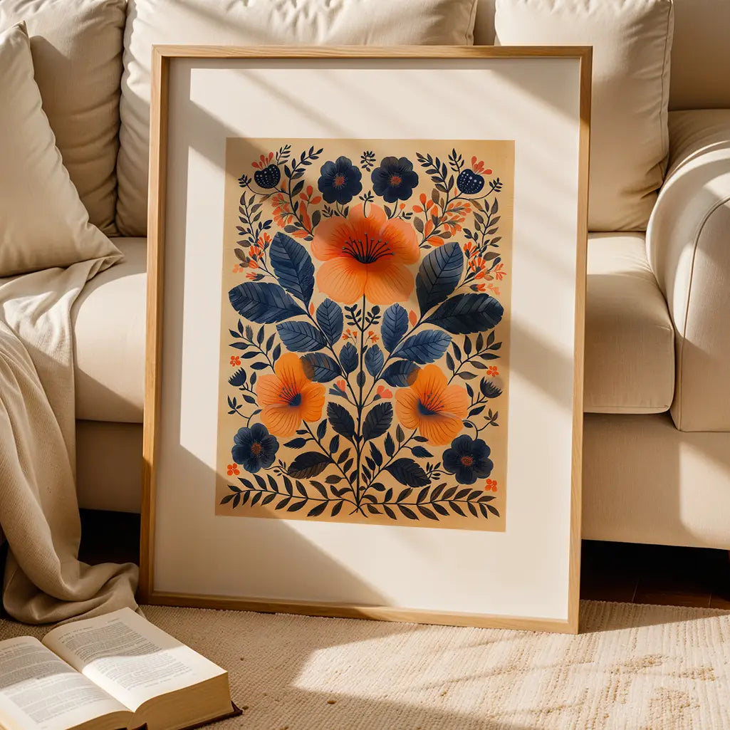 Nordic Folk Art Flowers Poster in Blue and Orange