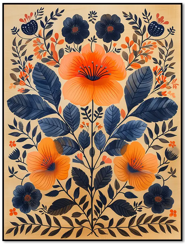 Nordic Folk Art Flowers Poster in Blue and Orange
