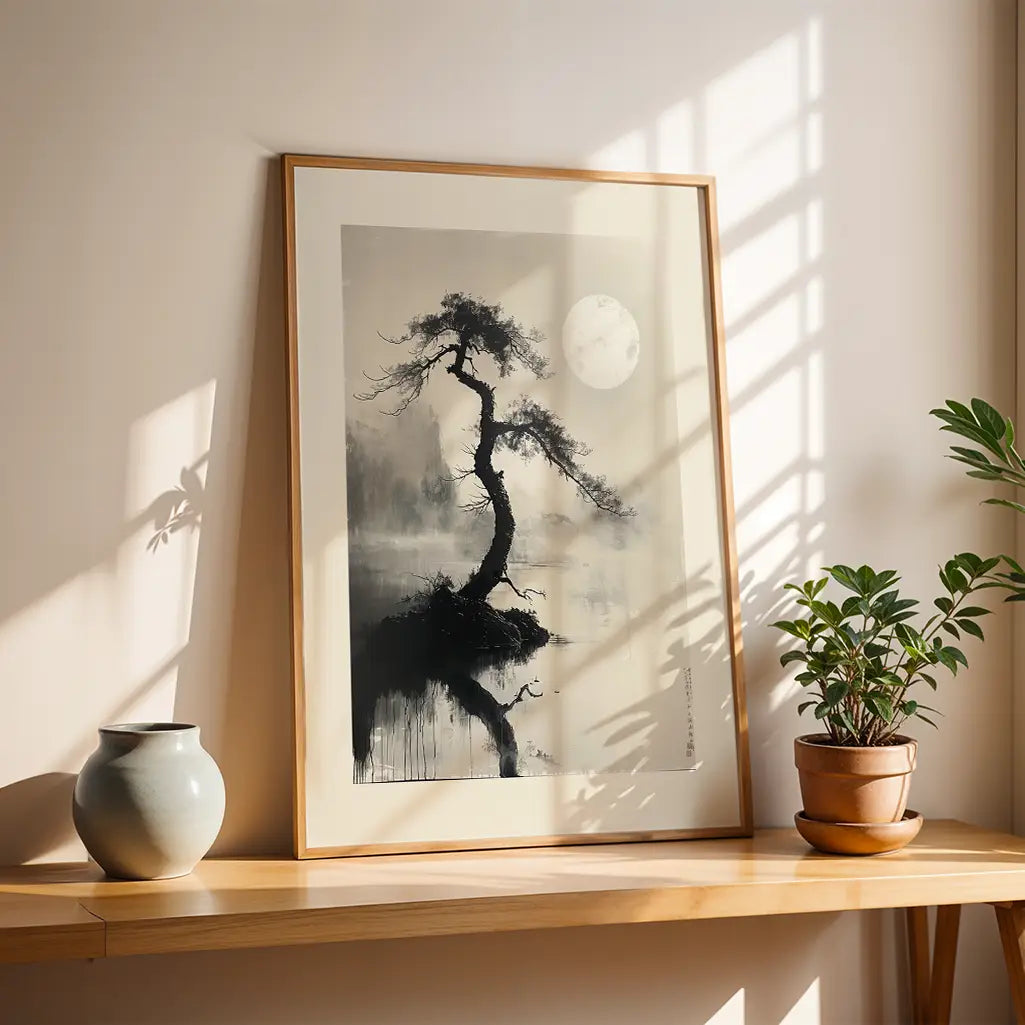 Sumi-e Poster with a Tree and the Moon