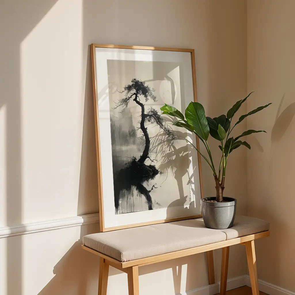 Sumi-e Poster with a Tree and the Moon