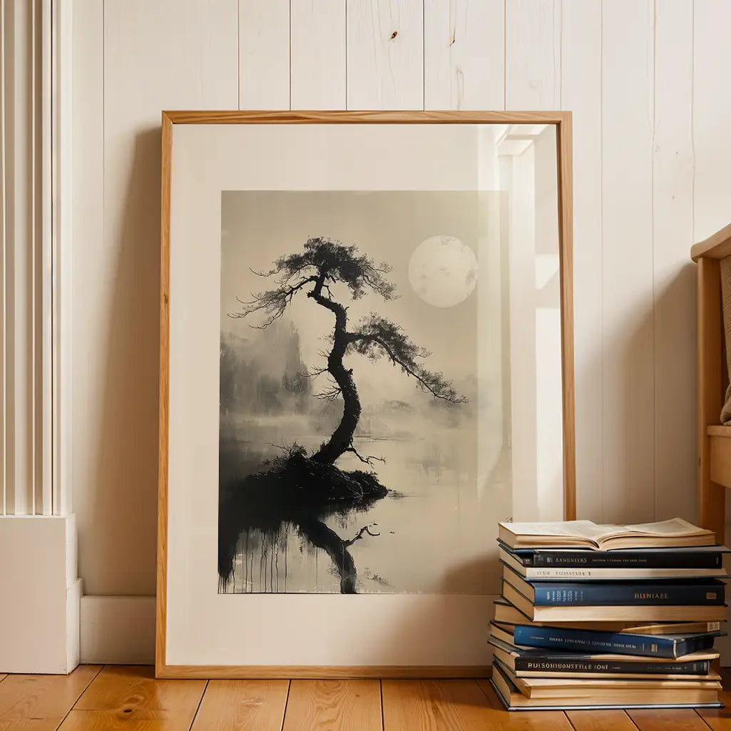 Sumi-e Poster with a Tree and the Moon