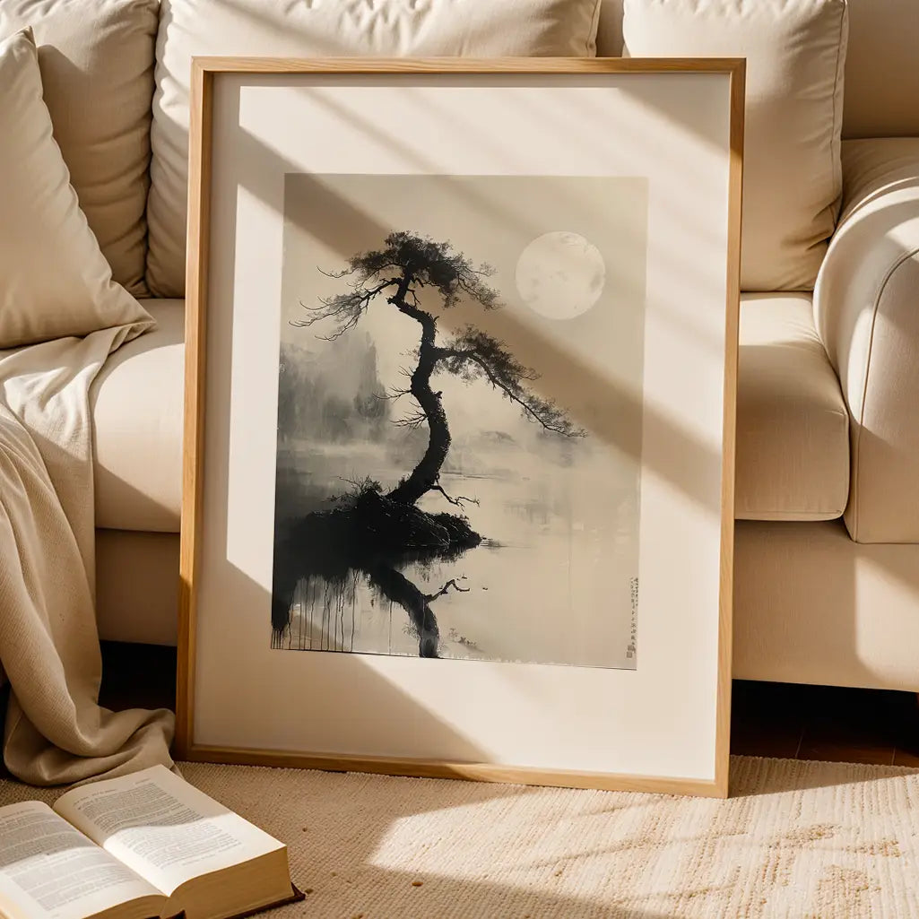 Sumi-e Poster with a Tree and the Moon