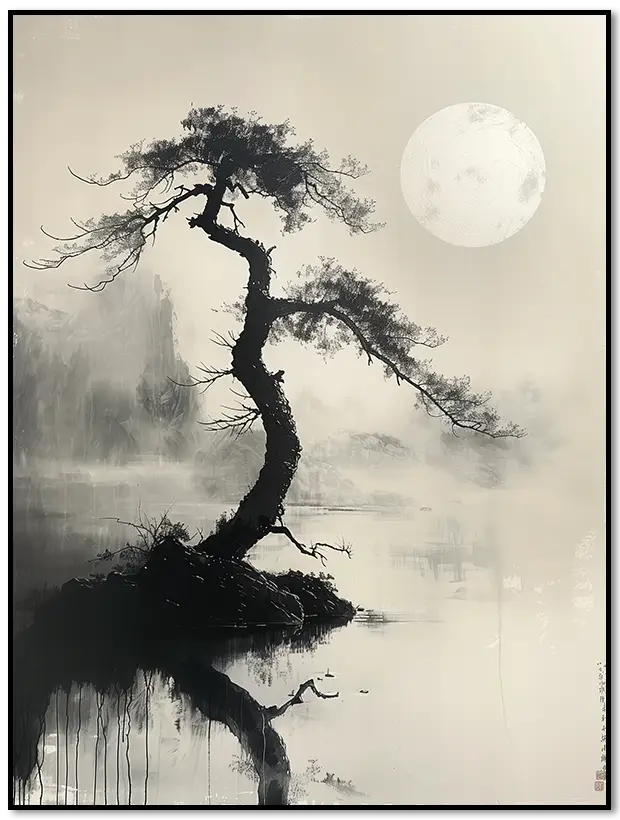 Sumi-e Poster with a Tree and the Moon