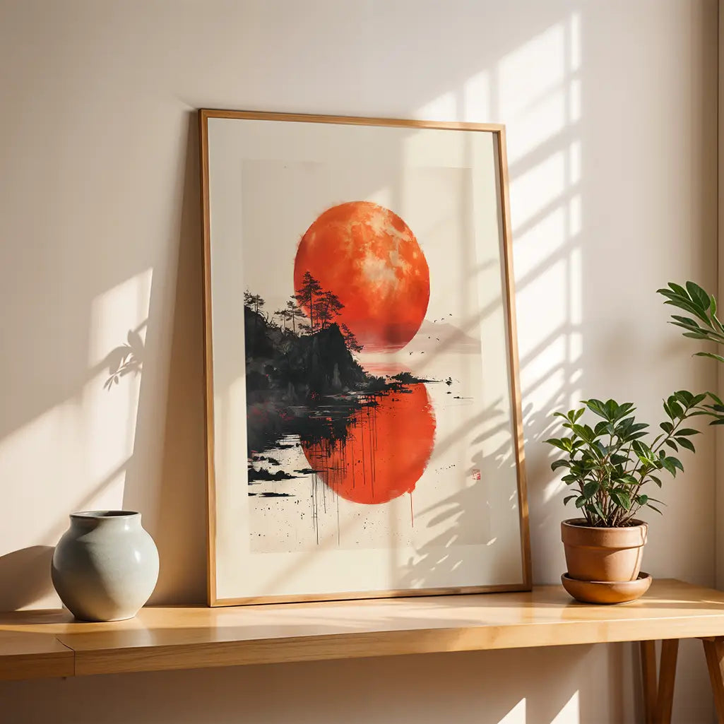 A Sumi-e Poster with trees and a red sunset