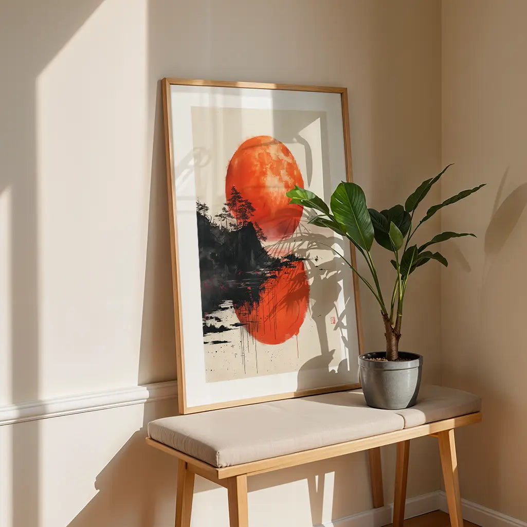 A Sumi-e Poster with trees and a red sunset
