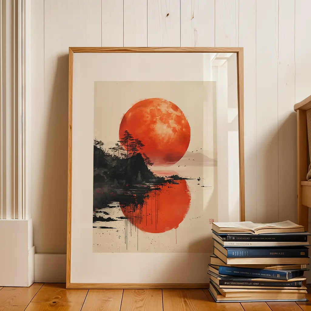 A Sumi-e Poster with trees and a red sunset
