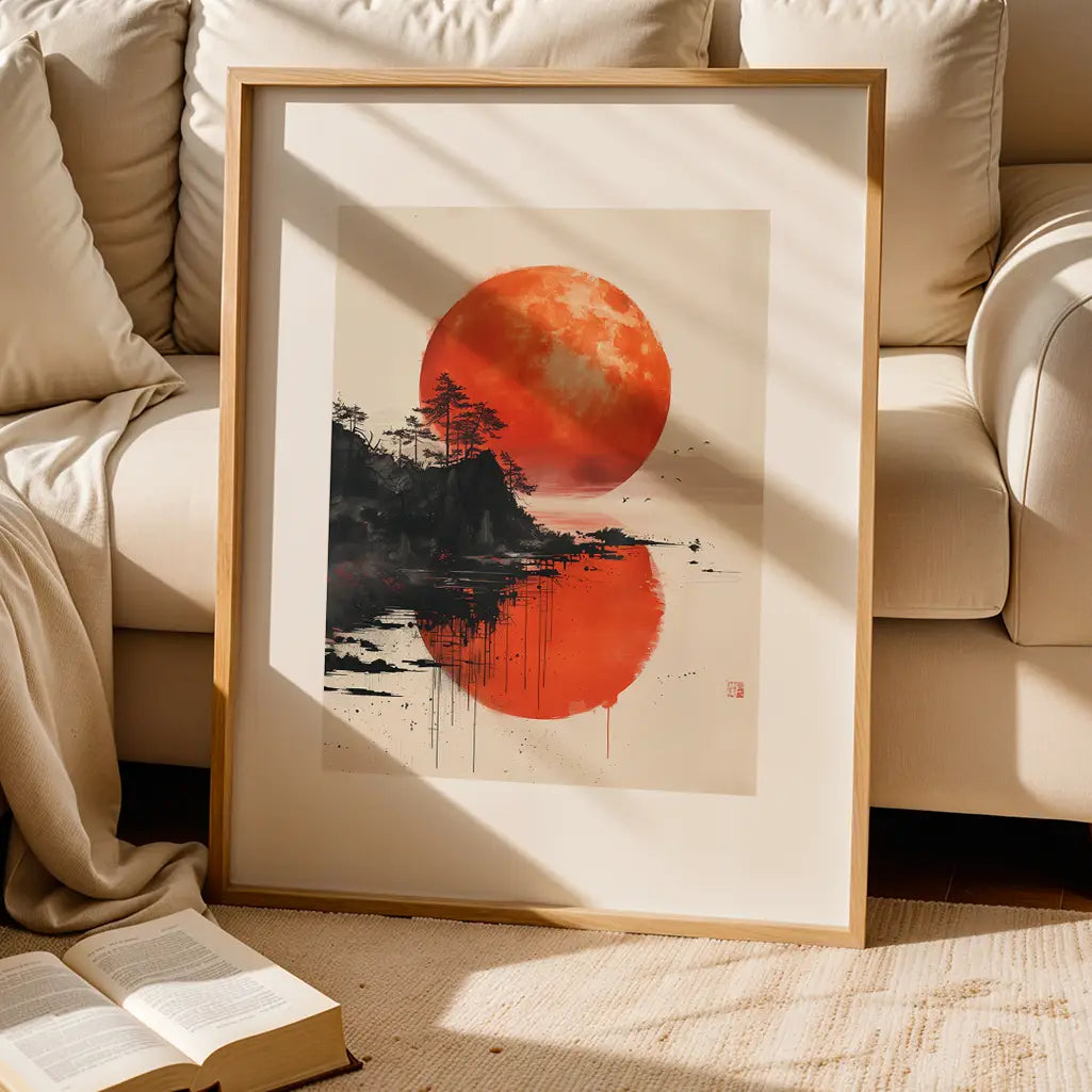 A Sumi-e Poster with trees and a red sunset