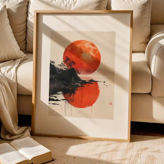 A Sumi-e Poster with trees and a red sunset