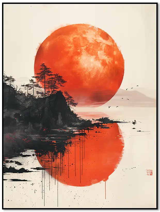 A Sumi-e Poster with trees and a red sunset
