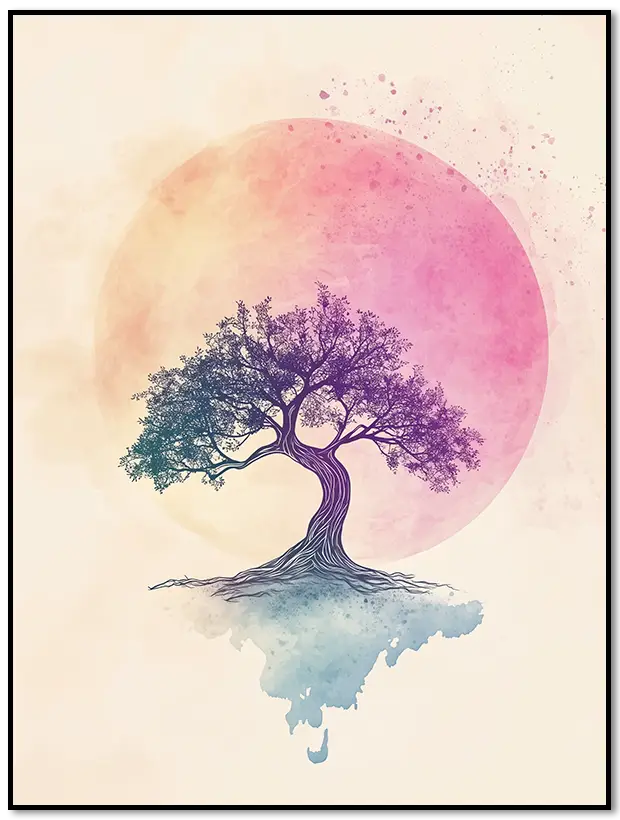 Japandi Art Print - Tree with Sunrise