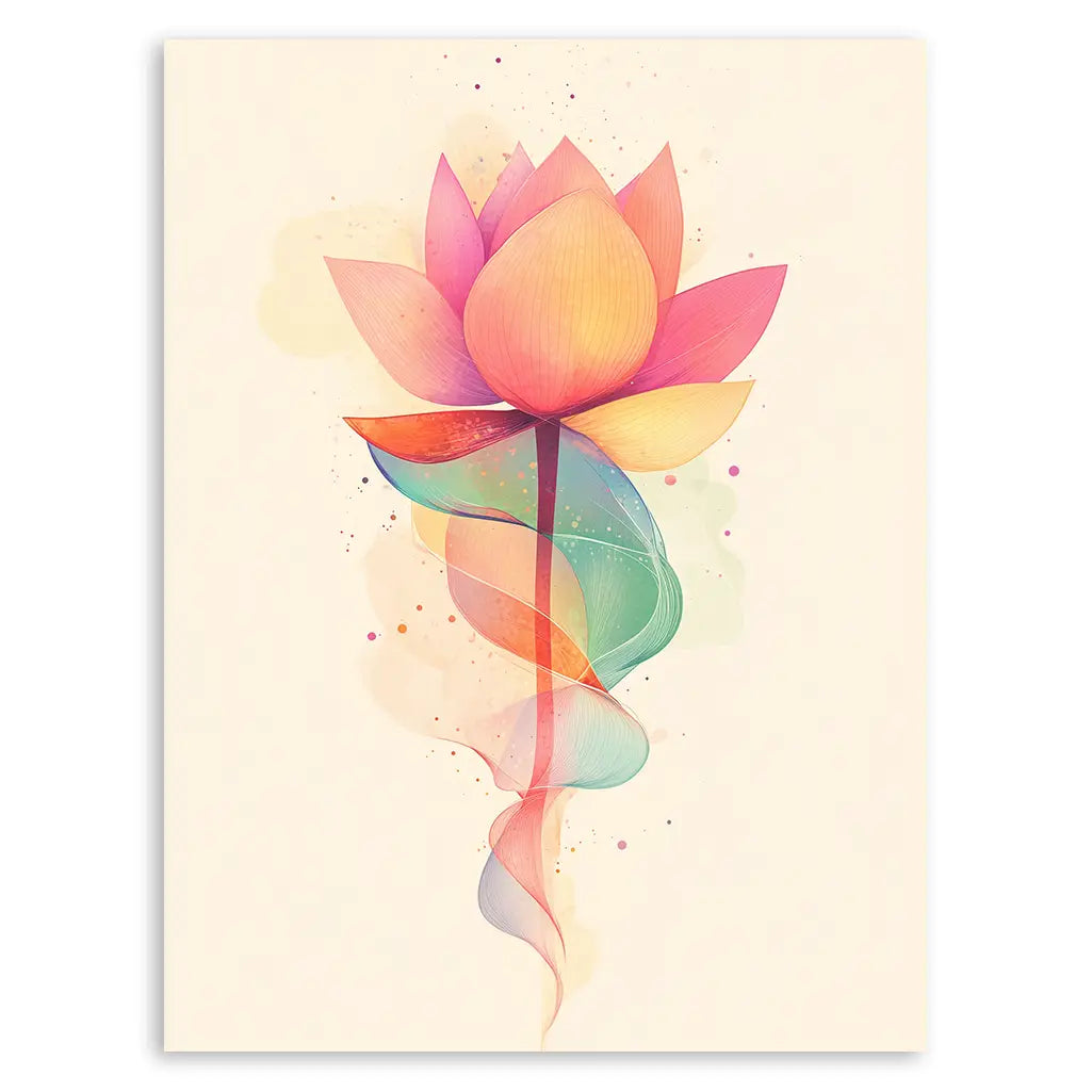 Colorful lotus flower with flowing Unalome spiral, symbolizing enlightenment and spiritual balance