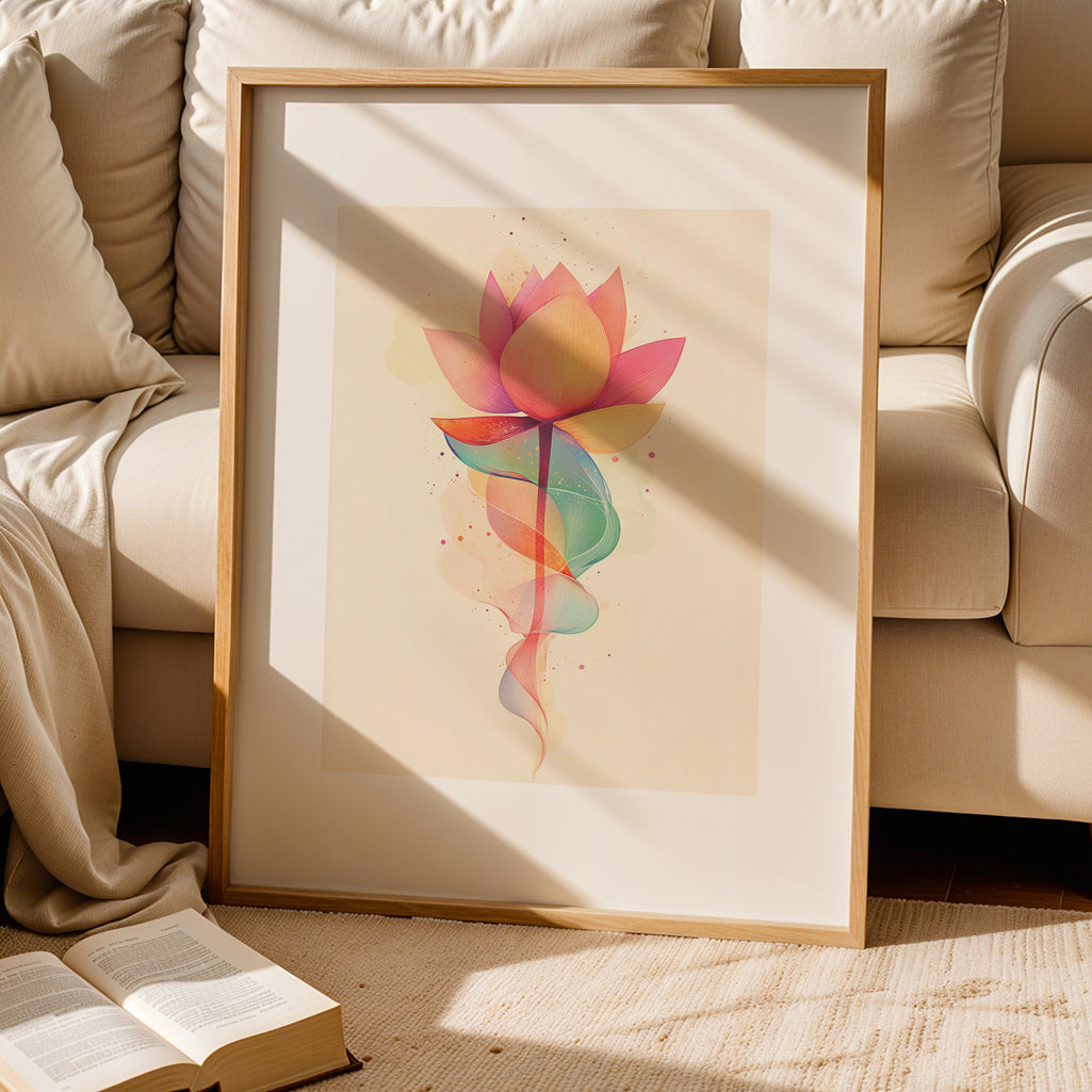 Colorful lotus flower with flowing Unalome spiral, symbolizing enlightenment and spiritual balance