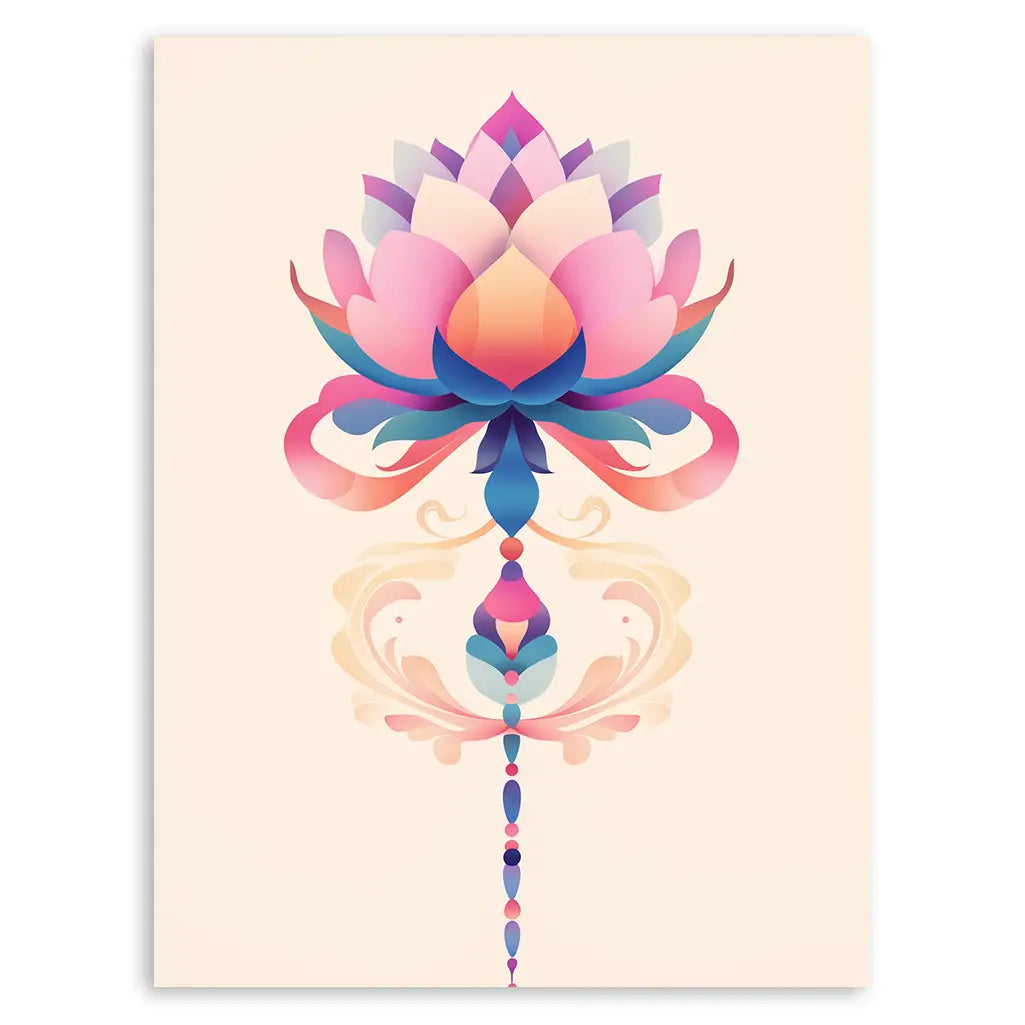 Symmetrical lotus flower in pink, purple and blue with Unalome details symbolizing spiritual growth