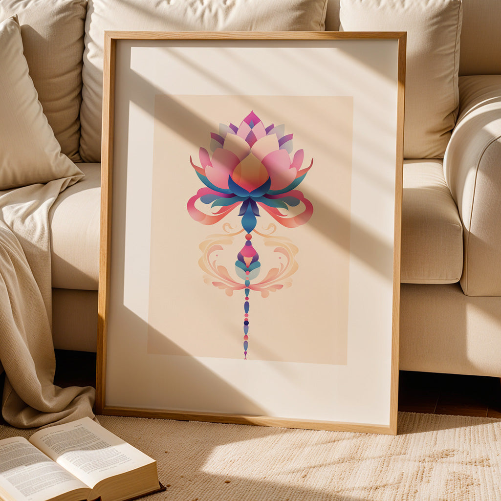 Symmetrical lotus flower in pink, purple and blue with Unalome details symbolizing spiritual growth