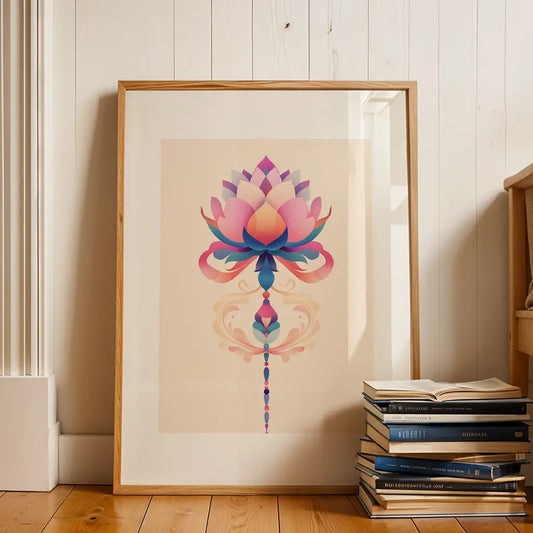 Symmetrical lotus flower in pink, purple and blue with Unalome details symbolizing spiritual growth