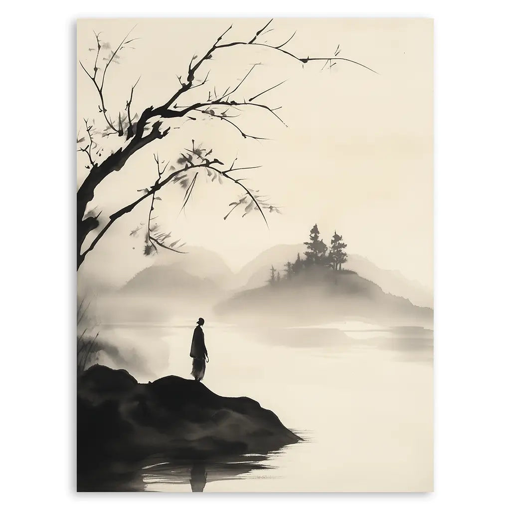 Sumi-e Print: Woman standing by the lake