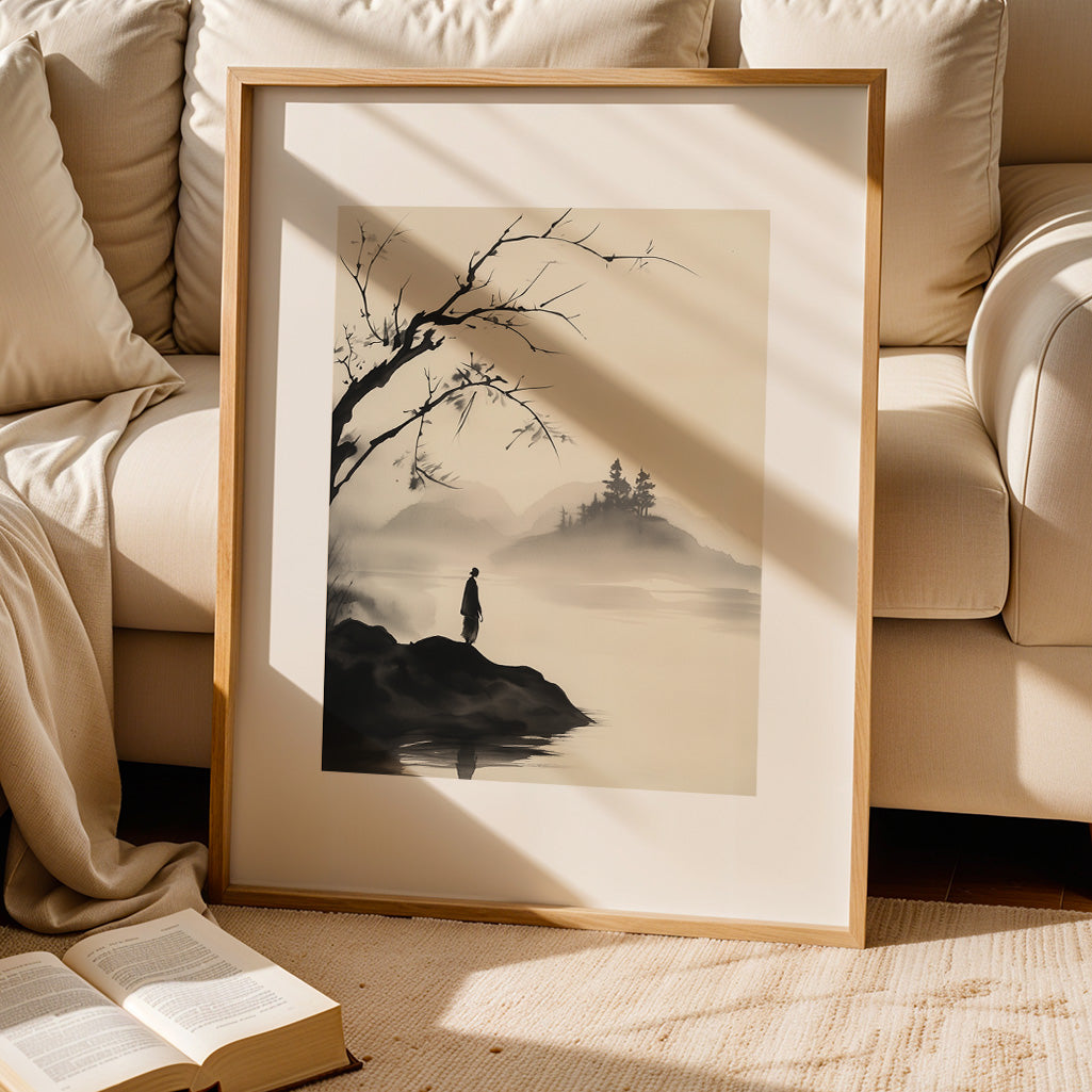 Sumi-e Print: Woman standing by the lake