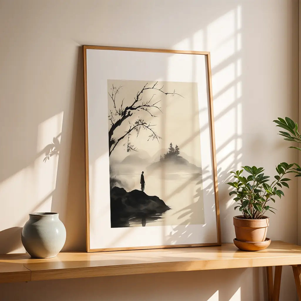 Sumi-e Print: Woman standing by the lake
