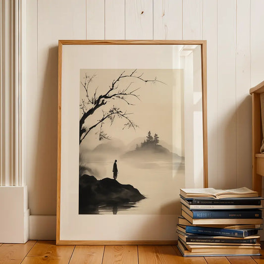 Sumi-e Print: Woman standing by the lake
